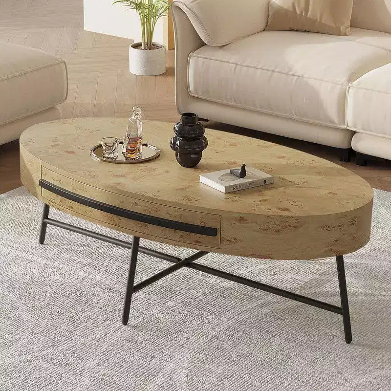 Table basse ovale avec tiroir, table basse en bois de style moderne du milieu du siècle avec rangement de 120 cm