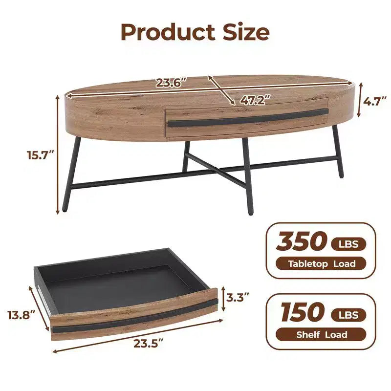 Table basse ovale avec tiroir, table basse en bois de style moderne du milieu du siècle avec rangement de 120 cm