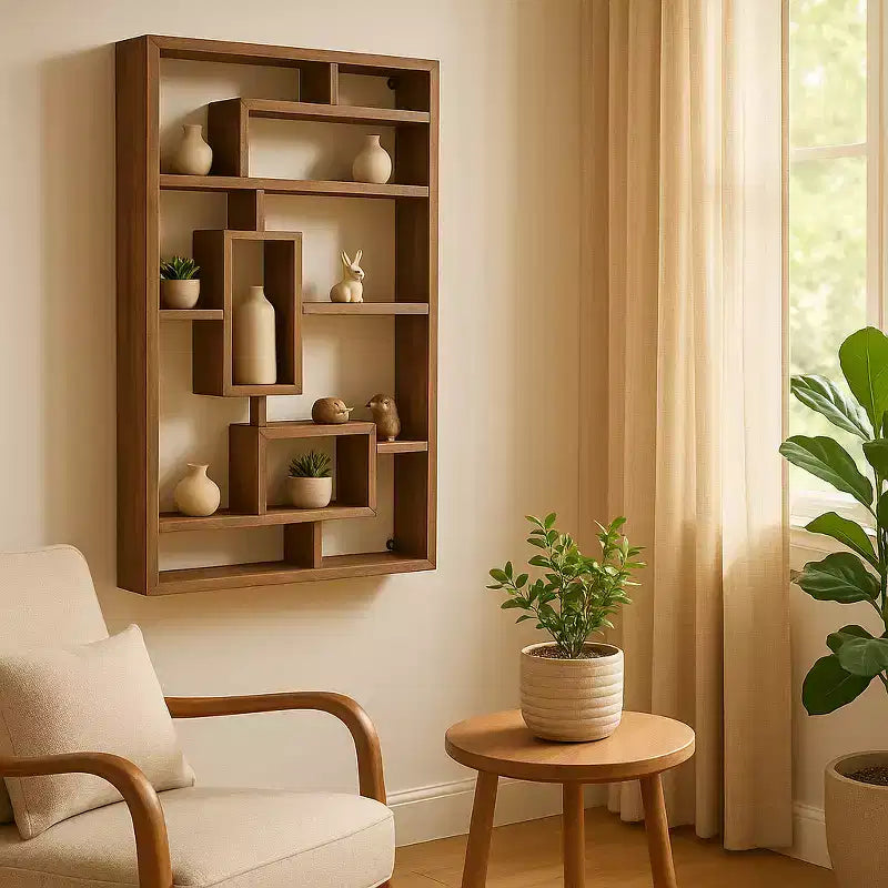 Modern Geometric Wall Shelf - Multi-Tier Decorative Wood Storage Rack - Casual Home Style for Living Room, Bedroom, Office
