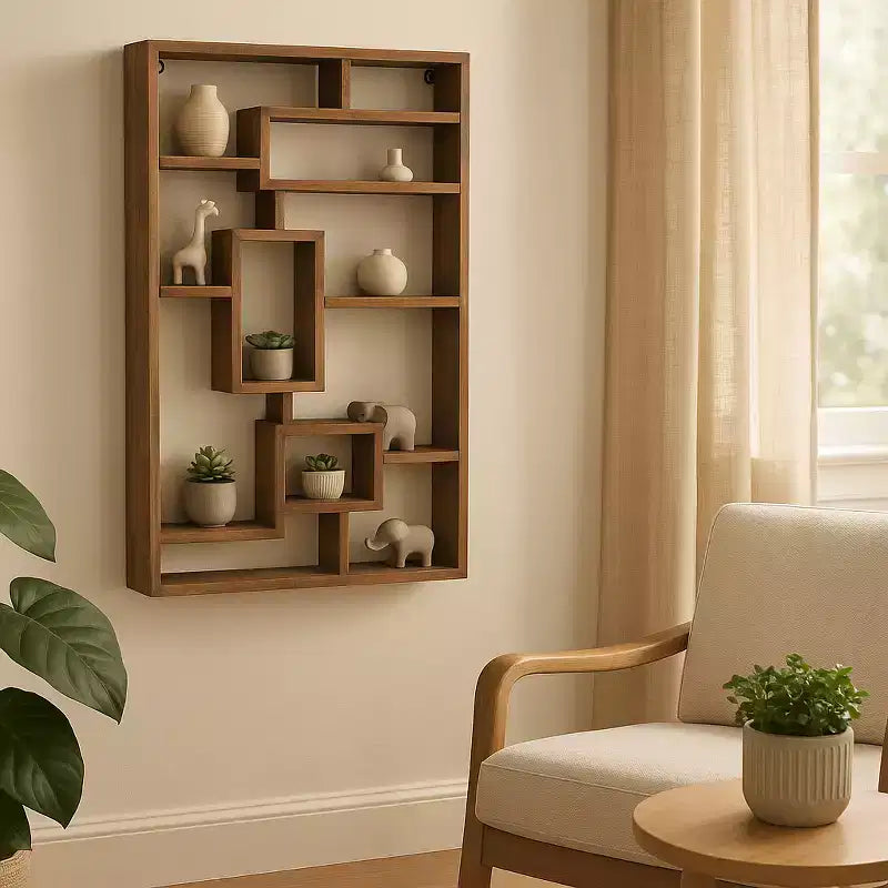 Modern Geometric Wall Shelf - Multi-Tier Decorative Wood Storage Rack - Casual Home Style for Living Room, Bedroom, Office