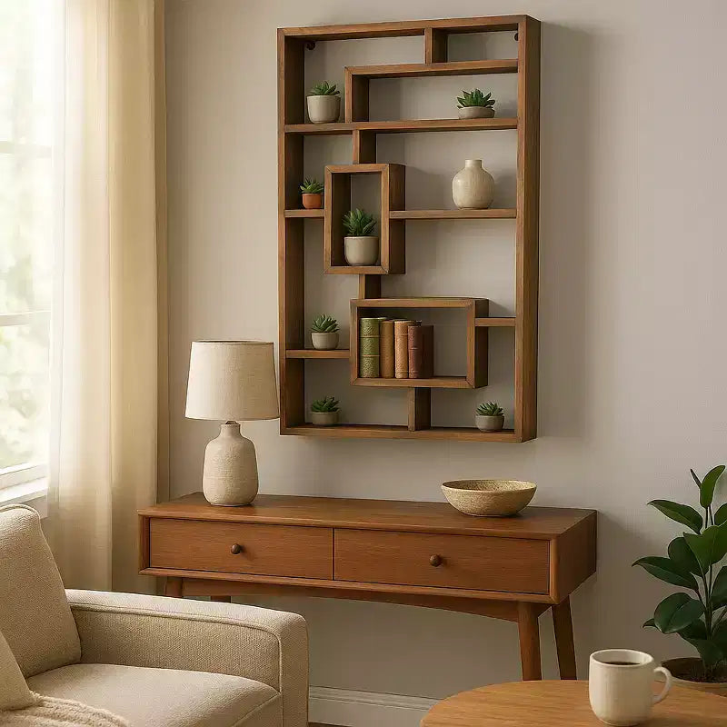 Modern Geometric Wall Shelf - Multi-Tier Decorative Wood Storage Rack - Casual Home Style for Living Room, Bedroom, Office
