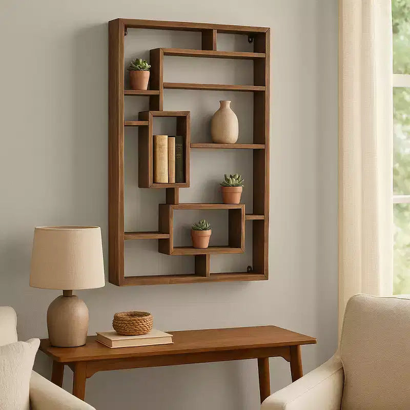Modern Geometric Wall Shelf - Multi-Tier Decorative Wood Storage Rack - Casual Home Style for Living Room, Bedroom, Office