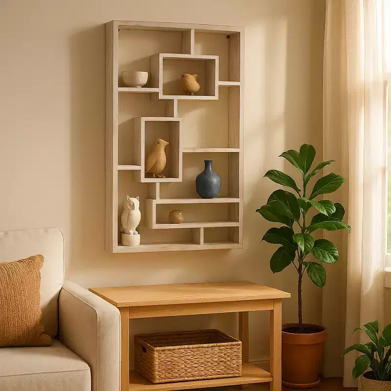 Modern Geometric Wall Shelf - Multi-Tier Decorative Wood Storage Rack - Casual Home Style for Living Room, Bedroom, Office