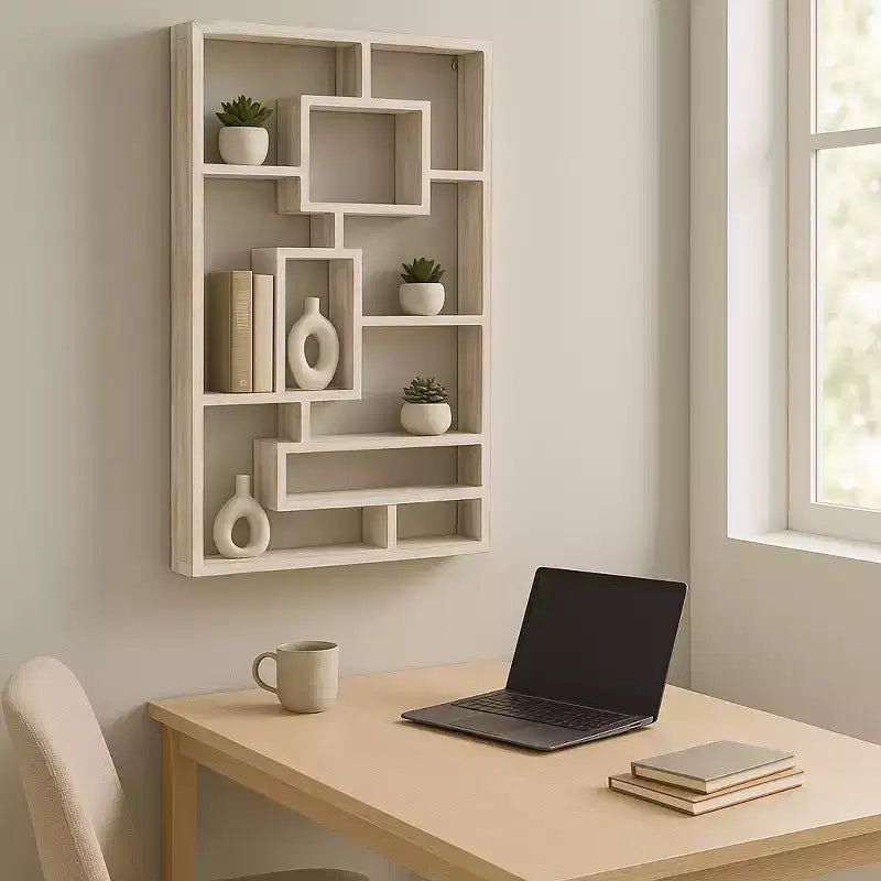 Modern Geometric Wall Shelf - Multi-Tier Decorative Wood Storage Rack - Casual Home Style for Living Room, Bedroom, Office