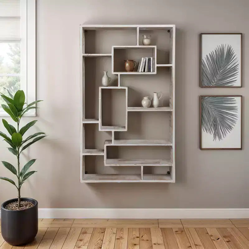 Modern Geometric Wall Shelf - Multi-Tier Decorative Wood Storage Rack - Casual Home Style for Living Room, Bedroom, Office