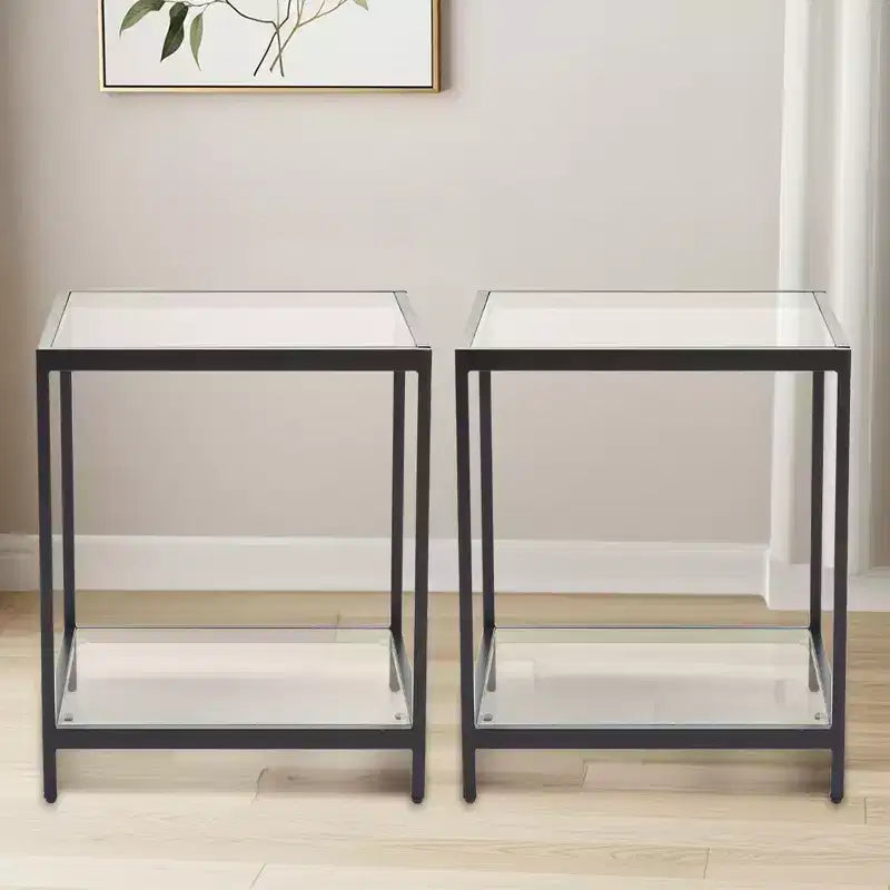 HYLEORY Table d'appoint carrée à 2 niveaux en verre trempé de 50 cm, avec cadre en métal, pour salon ou chambre à coucher
