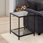 HYLEORY Table d'appoint carrée à 2 niveaux en verre trempé de 50 cm, avec cadre en métal, pour salon ou chambre à coucher