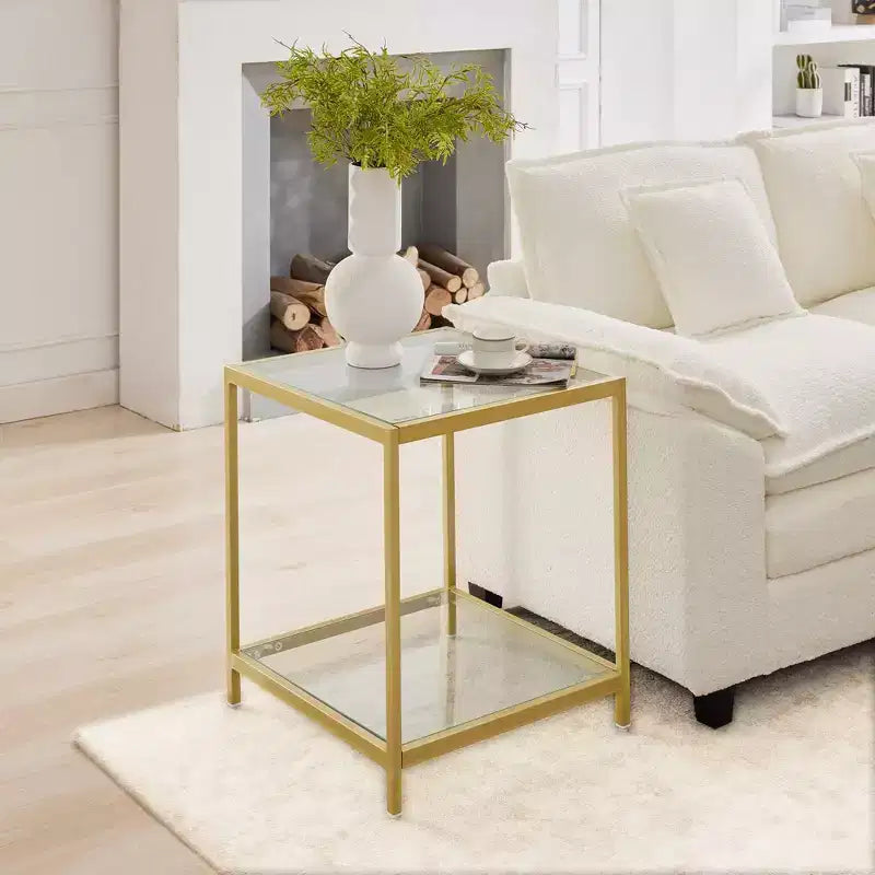 HYLEORY Table d'appoint carrée à 2 niveaux en verre trempé de 50 cm, avec cadre en métal, pour salon ou chambre à coucher