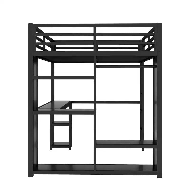Lit mezzanine métallique Bellemave Queen Size avec bureau et armoire, étagères de rangement et garde-corps, noir