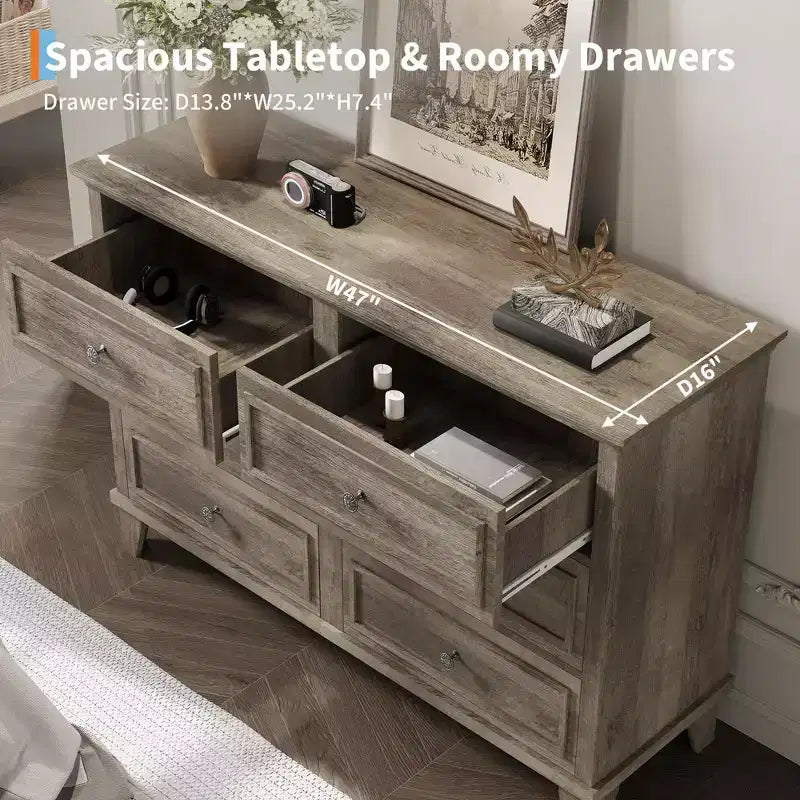 Commode marron de style ferme pour chambre à coucher avec 6 tiroirs, commode double meuble TV avec poignée vintage, commodes et chiffonniers larges en bois