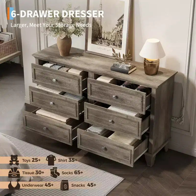 Commode marron de style ferme pour chambre à coucher avec 6 tiroirs, commode double meuble TV avec poignée vintage, commodes et chiffonniers larges en bois
