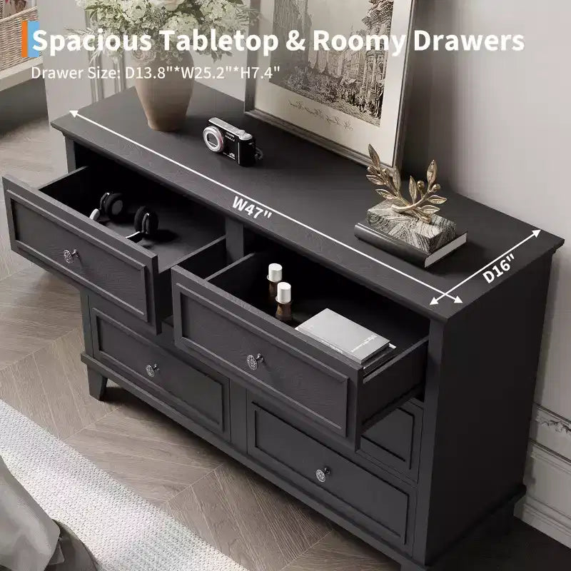 Commode marron de style ferme pour chambre à coucher avec 6 tiroirs, commode double meuble TV avec poignée vintage, commodes et chiffonniers larges en bois