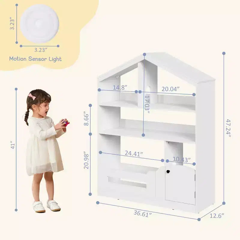 Étagère à livres pour enfants, étagère de rangement en forme de maison, bibliothèque en bois pour tout-petits avec lumière à détecteur de mouvement pour enfants, étagère bibliothèque de maison de poupée pour salle de jeux, chambre à coucher