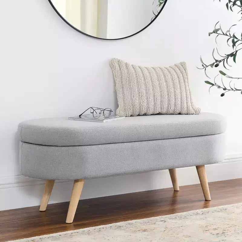 Banc de rangement ottoman ovale EHMKNP, pieds en bois d'hévéa (43,5x16x16)