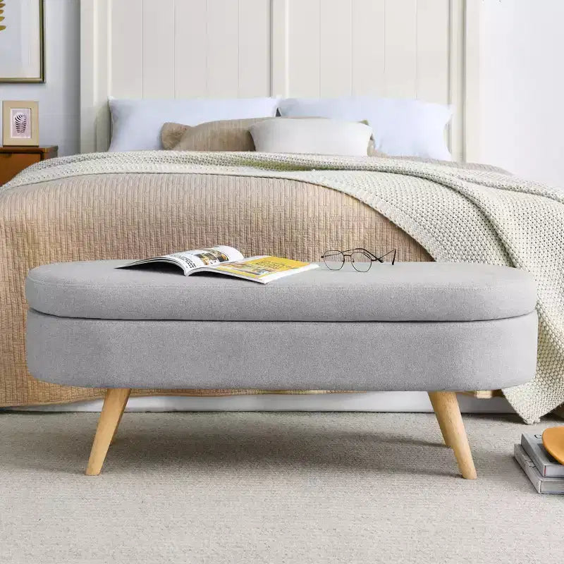 Banc de rangement ottoman ovale EHMKNP, pieds en bois d'hévéa (43,5x16x16)