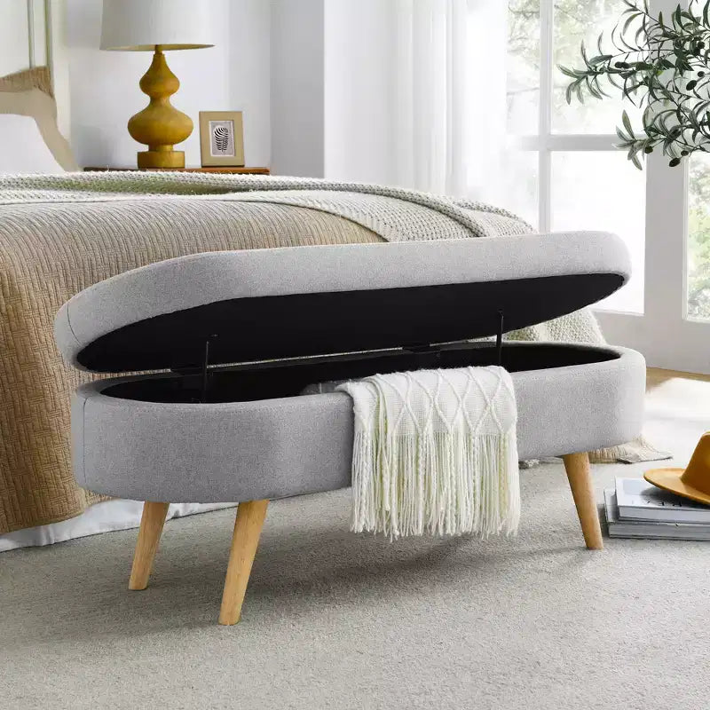Banc de rangement ottoman ovale EHMKNP, pieds en bois d'hévéa (43,5x16x16)