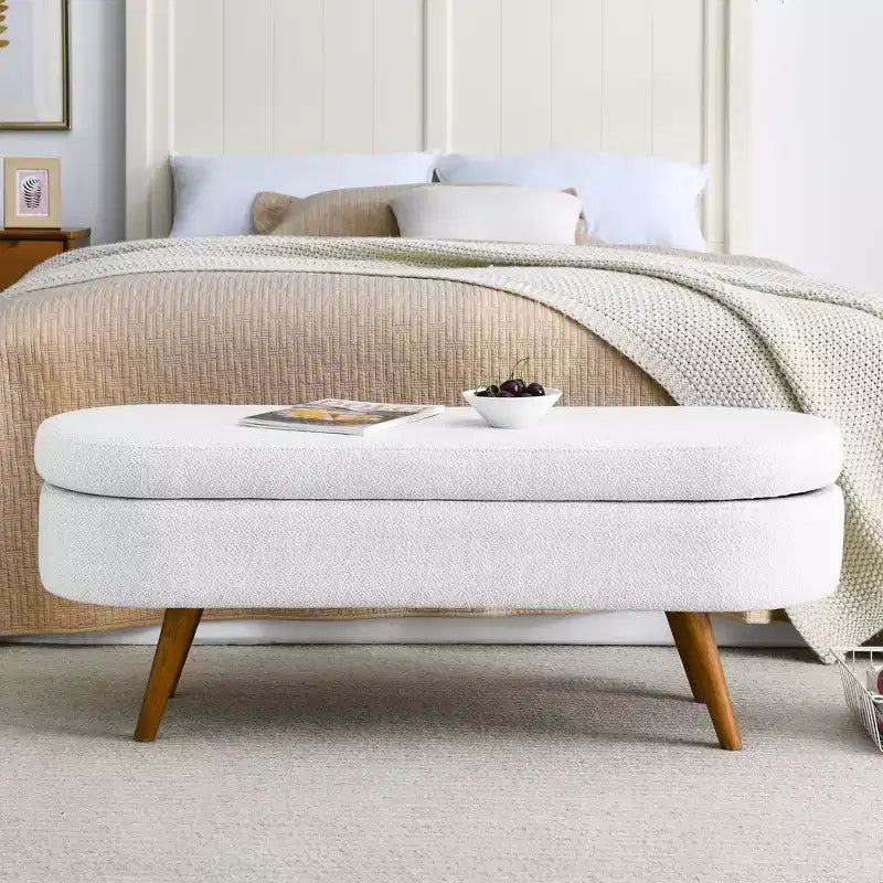 Banc de rangement ottoman ovale EHMKNP, pieds en bois d'hévéa (43,5x16x16)