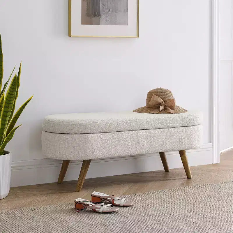 Banc de rangement ottoman ovale EHMKNP, pieds en bois d'hévéa (43,5x16x16)