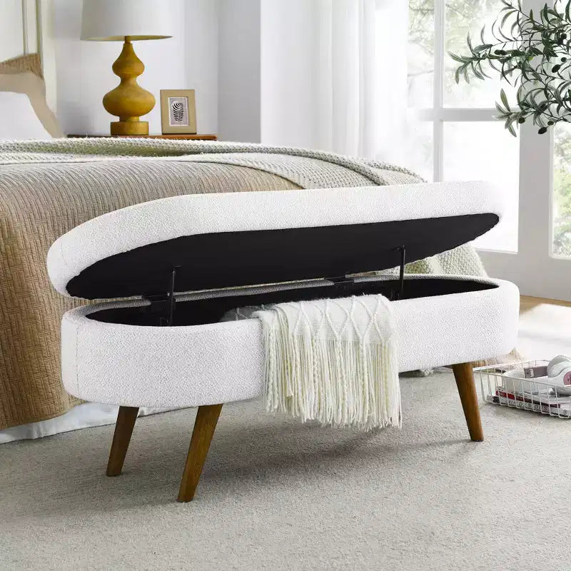 Banc de rangement ottoman ovale EHMKNP, pieds en bois d'hévéa (43,5x16x16)