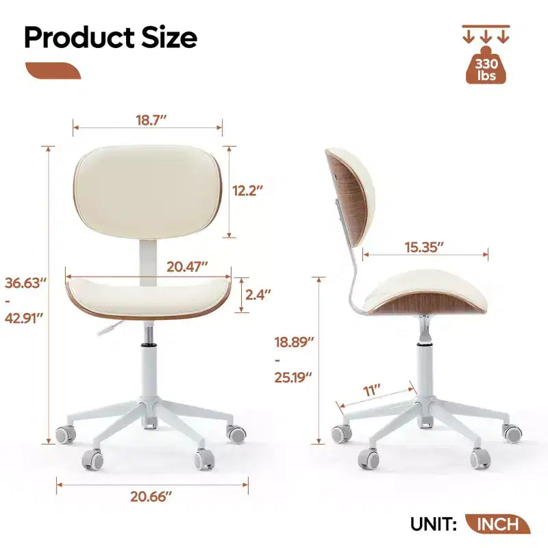 Bestier Bentwood Ergonomic Armless Home Office Desk Chair, Comfy Table Chair with Lumbar Support, PU Leather Height Adjustable Task Chair with Wheels