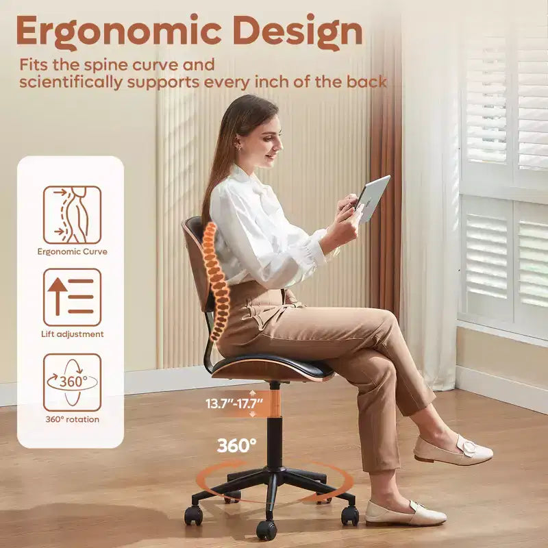 Bestier Bentwood Ergonomic Armless Home Office Desk Chair, Comfy Table Chair with Lumbar Support, PU Leather Height Adjustable Task Chair with Wheels