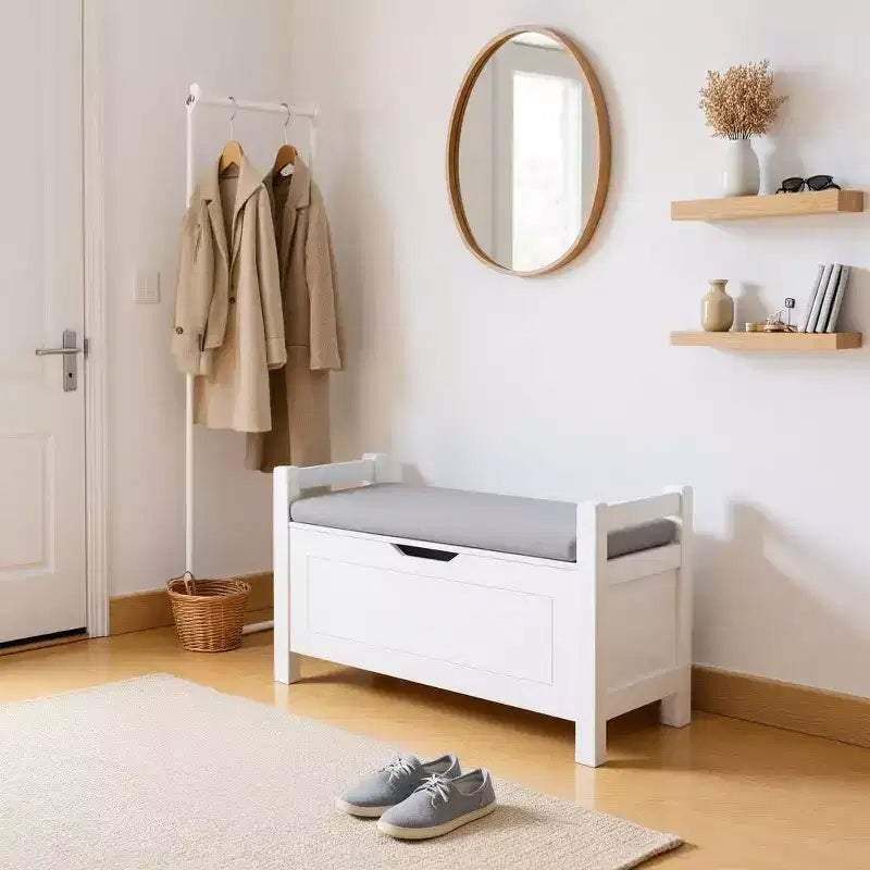 Homy Casa Entryway Storage Bench with Cushioned Seat & Side Handles, White, Gray
