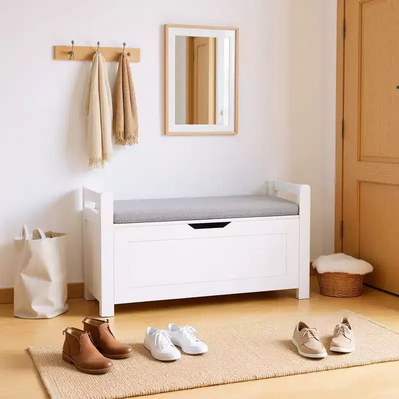 Homy Casa Entryway Storage Bench with Cushioned Seat & Side Handles, White, Gray