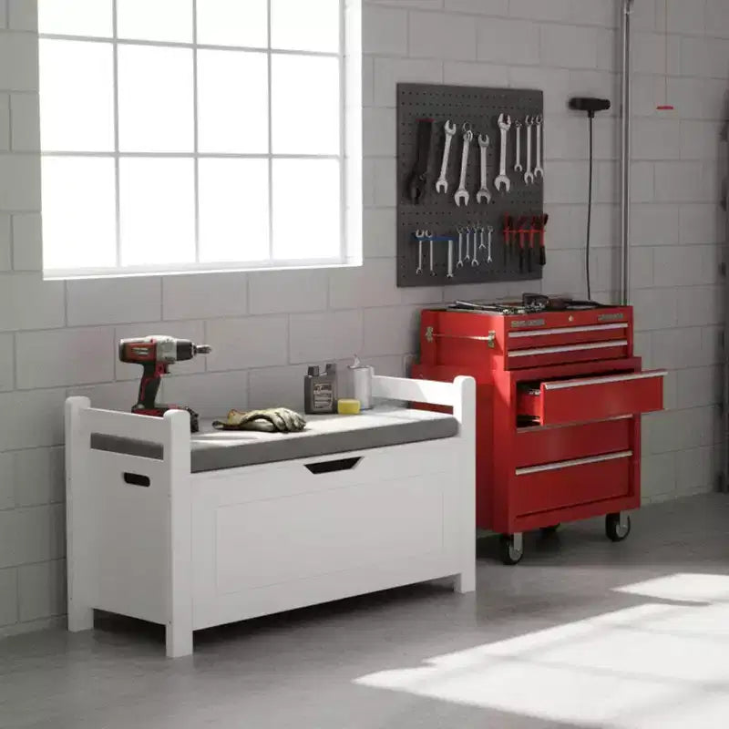 Homy Casa Entryway Storage Bench with Cushioned Seat & Side Handles, White, Gray