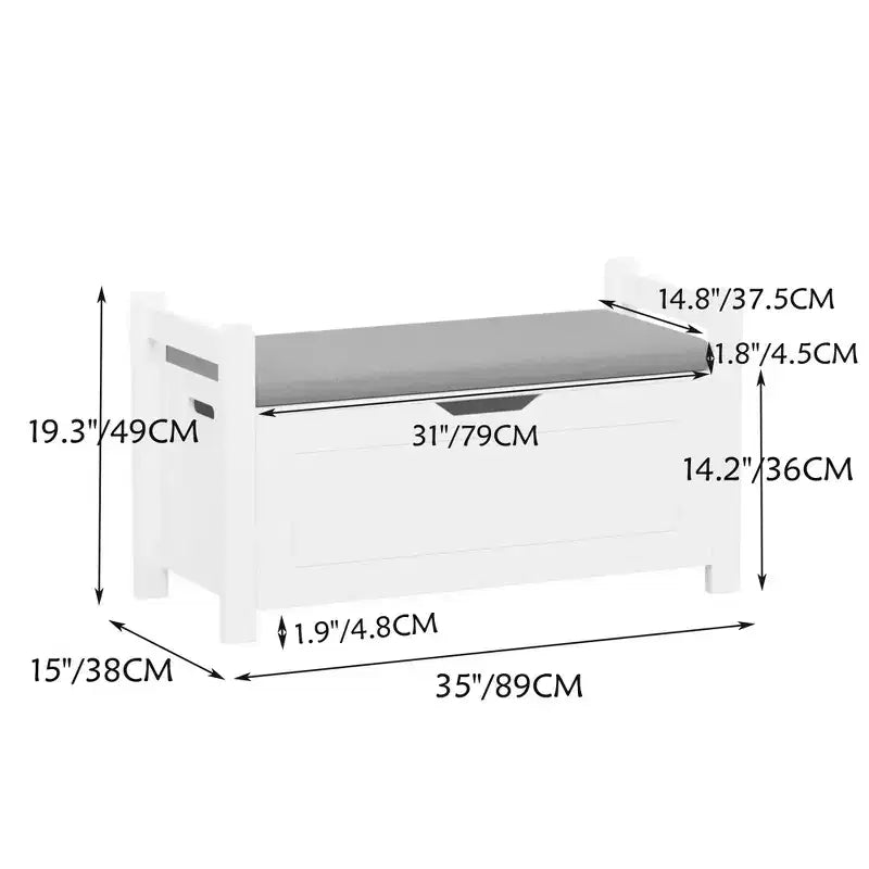 Homy Casa Entryway Storage Bench with Cushioned Seat & Side Handles, White, Gray