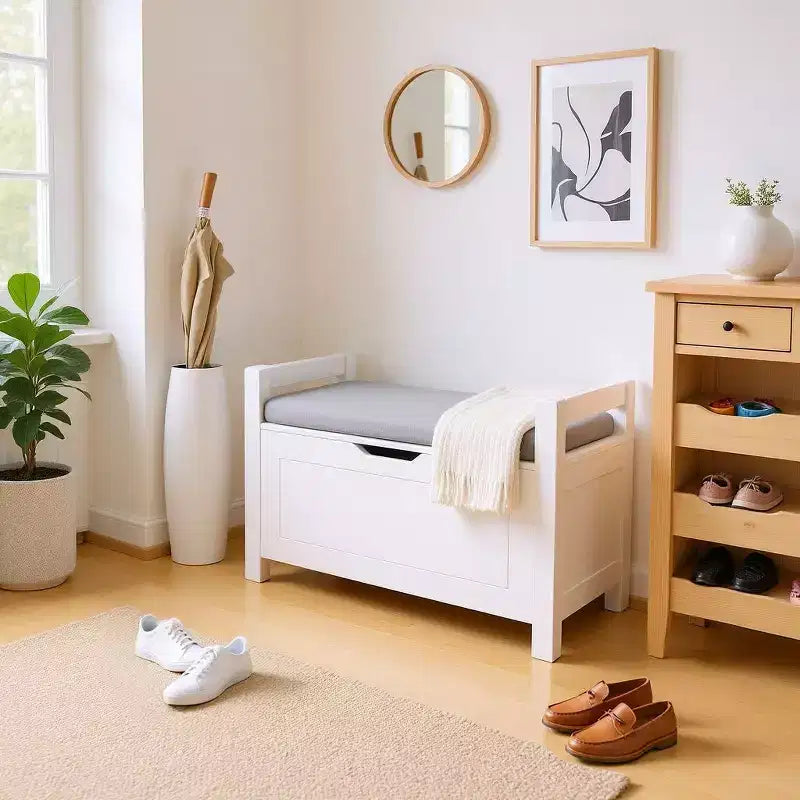 Homy Casa Entryway Storage Bench with Cushioned Seat & Side Handles, White, Gray