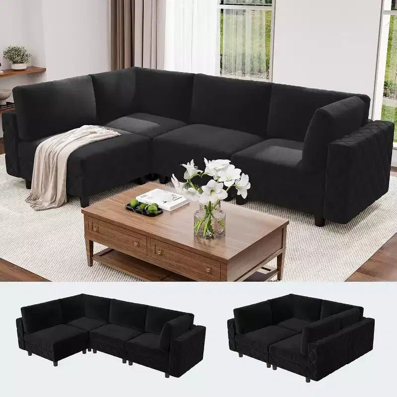 Acekool 134 Canapé d'angle modulable, canapé 4 places en velours en forme de L avec coussins haute densité, canapé nuage rembourré, noir