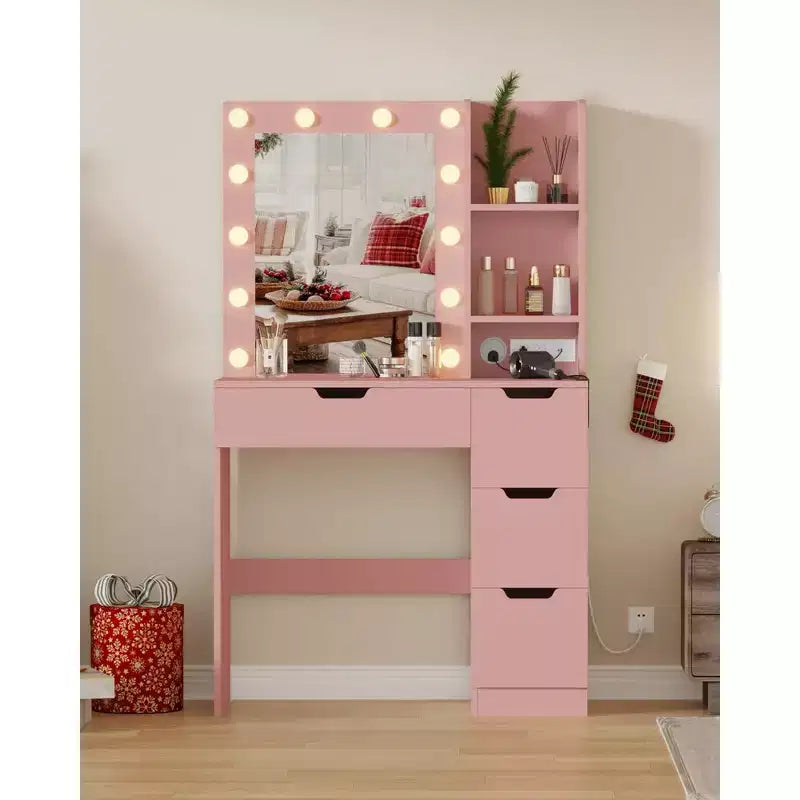 Vanity Desk with Mirror, Makeup Vanity Table with 4 Drawers and 3 Storage Shelves Dressing Table for Bedroom Dressing Room