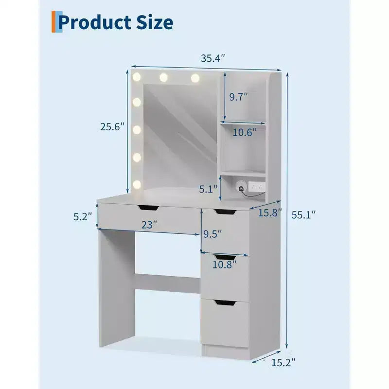 Vanity Desk with Mirror, Makeup Vanity Table with 4 Drawers and 3 Storage Shelves Dressing Table for Bedroom Dressing Room