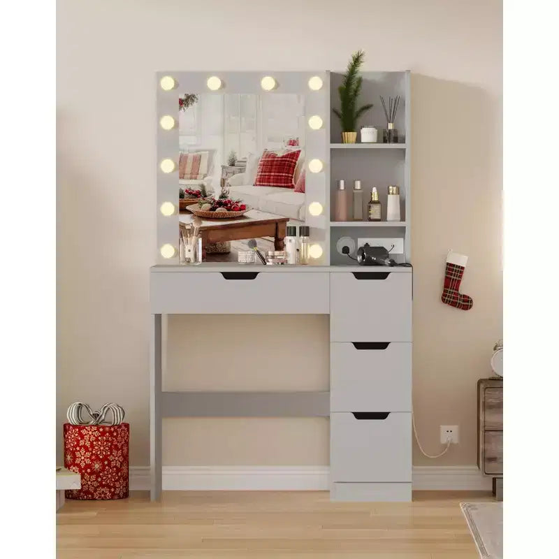 Vanity Desk with Mirror, Makeup Vanity Table with 4 Drawers and 3 Storage Shelves Dressing Table for Bedroom Dressing Room