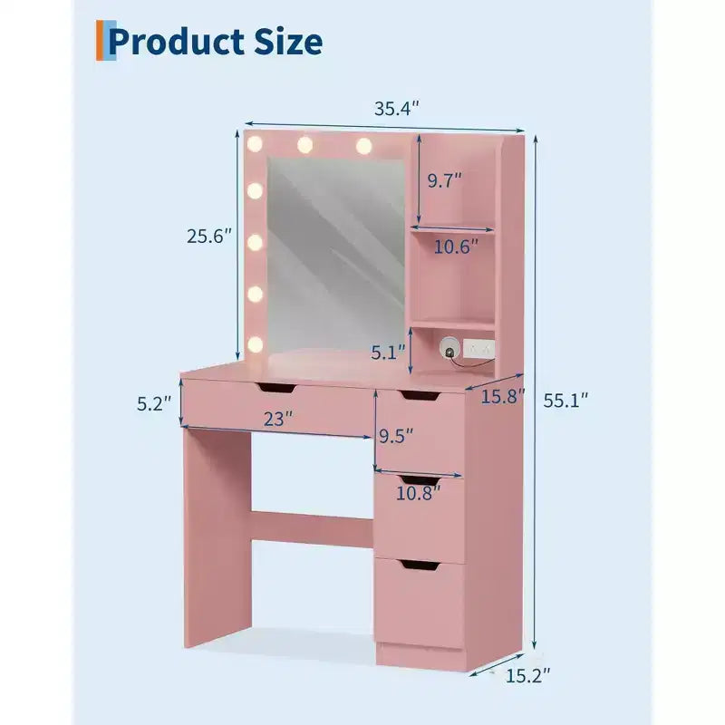 Vanity Desk with Mirror, Makeup Vanity Table with 4 Drawers and 3 Storage Shelves Dressing Table for Bedroom Dressing Room
