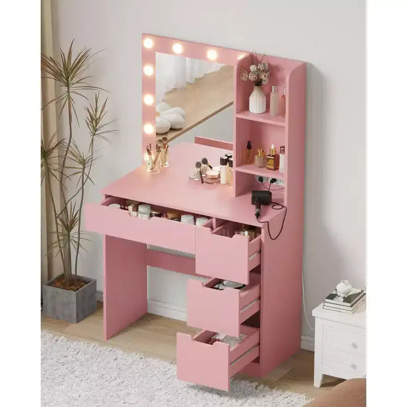 Vanity Desk with Mirror, Makeup Vanity Table with 4 Drawers and 3 Storage Shelves Dressing Table for Bedroom Dressing Room