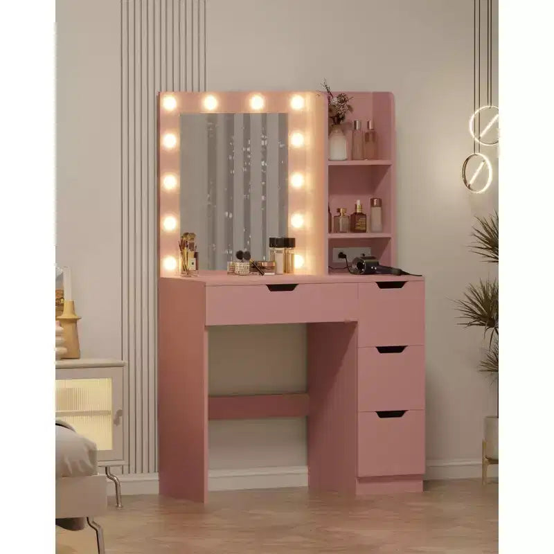Vanity Desk with Mirror, Makeup Vanity Table with 4 Drawers and 3 Storage Shelves Dressing Table for Bedroom Dressing Room