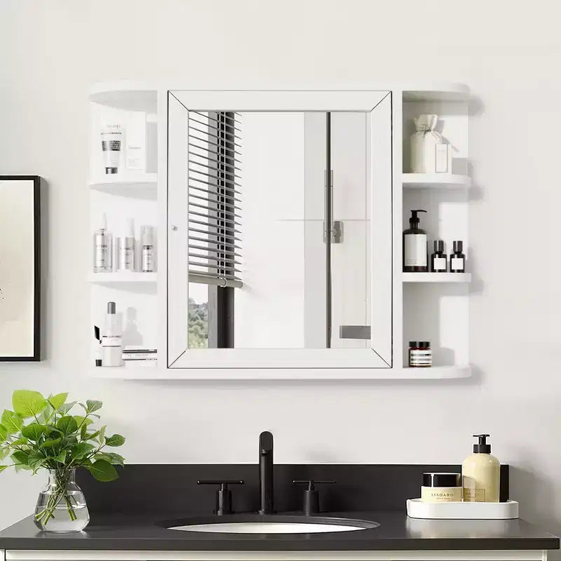 PexFix 31.5 x 23.6 Wooden Bathroom Medicine Cabinet with Mirror Wall Mirror Storage Cabinet with Doors and 6 Open Shelves for Over Sink White
