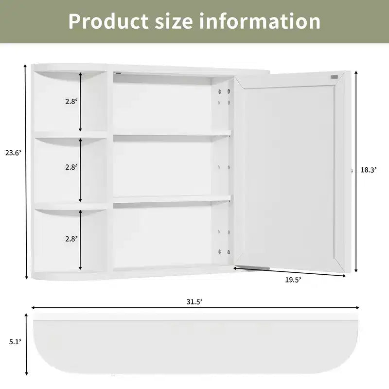 PexFix 31.5 x 23.6 Wooden Bathroom Medicine Cabinet with Mirror Wall Mirror Storage Cabinet with Doors and 6 Open Shelves for Over Sink White
