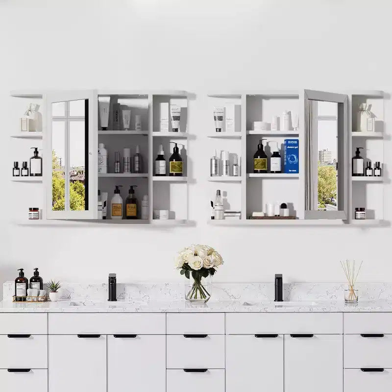 PexFix 31.5 x 23.6 Wooden Bathroom Medicine Cabinet with Mirror Wall Mirror Storage Cabinet with Doors and 6 Open Shelves for Over Sink White