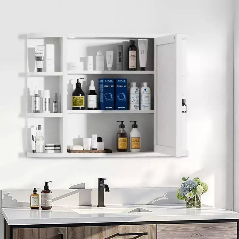PexFix 31.5 x 23.6 Wooden Bathroom Medicine Cabinet with Mirror Wall Mirror Storage Cabinet with Doors and 6 Open Shelves for Over Sink White