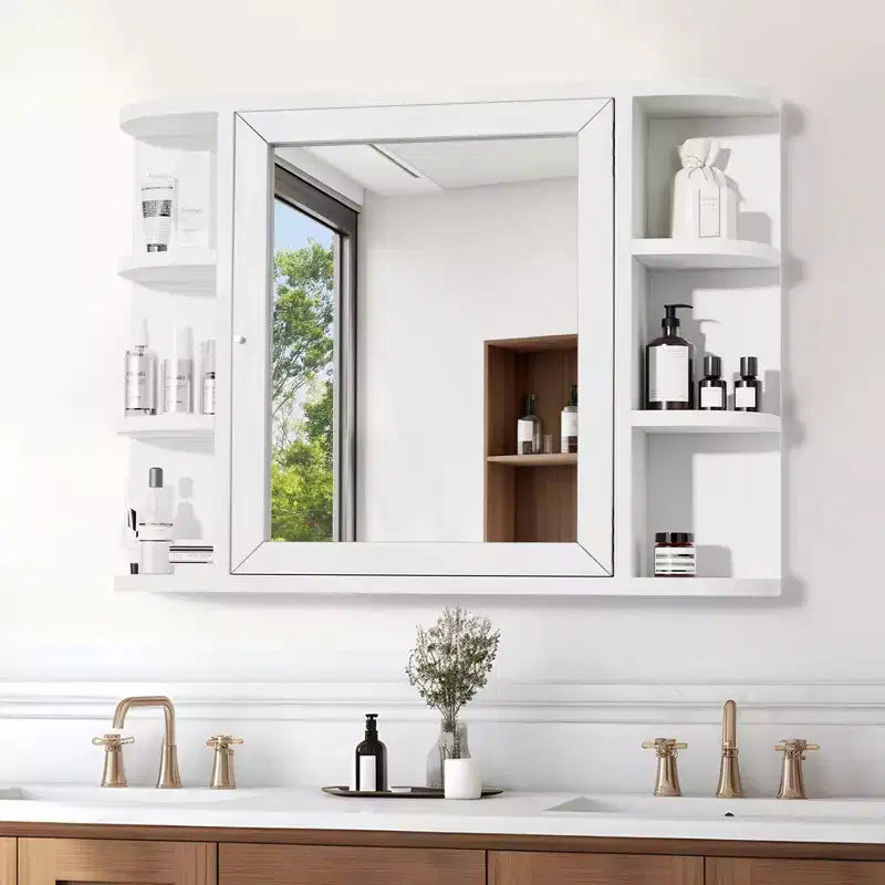 PexFix 31.5 x 23.6 Wooden Bathroom Medicine Cabinet with Mirror Wall Mirror Storage Cabinet with Doors and 6 Open Shelves for Over Sink White