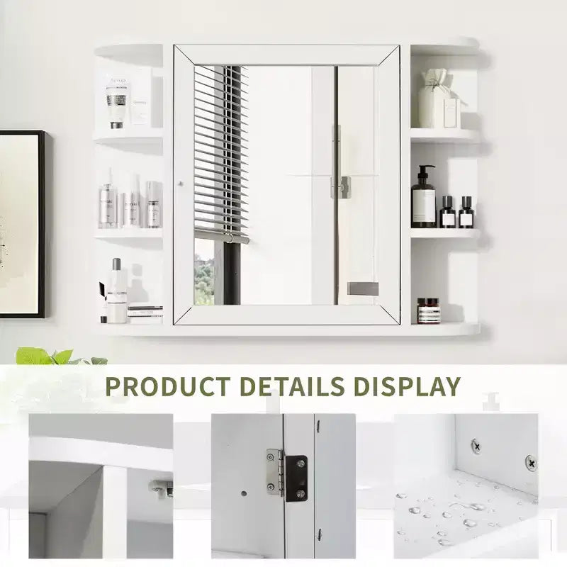 PexFix 31.5 x 23.6 Wooden Bathroom Medicine Cabinet with Mirror Wall Mirror Storage Cabinet with Doors and 6 Open Shelves for Over Sink White