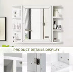 PexFix 31.5 x 23.6 Wooden Bathroom Medicine Cabinet with Mirror Wall Mirror Storage Cabinet with Doors and 6 Open Shelves for Over Sink White