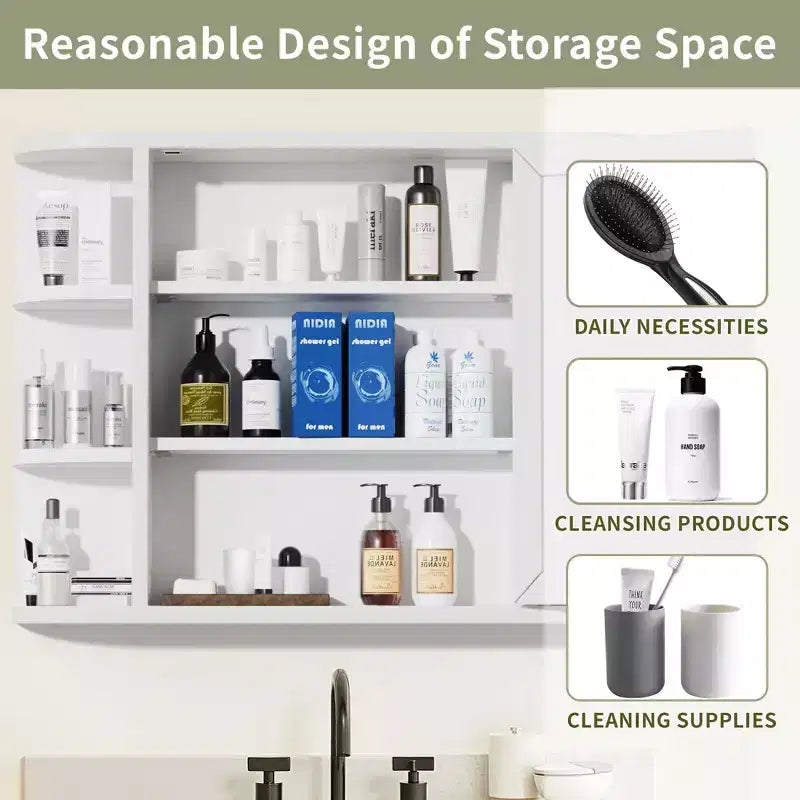 PexFix 31.5 x 23.6 Wooden Bathroom Medicine Cabinet with Mirror Wall Mirror Storage Cabinet with Doors and 6 Open Shelves for Over Sink White