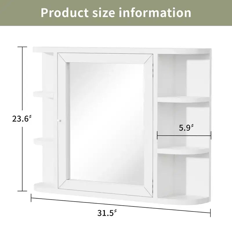 PexFix 31.5 x 23.6 Wooden Bathroom Medicine Cabinet with Mirror Wall Mirror Storage Cabinet with Doors and 6 Open Shelves for Over Sink White