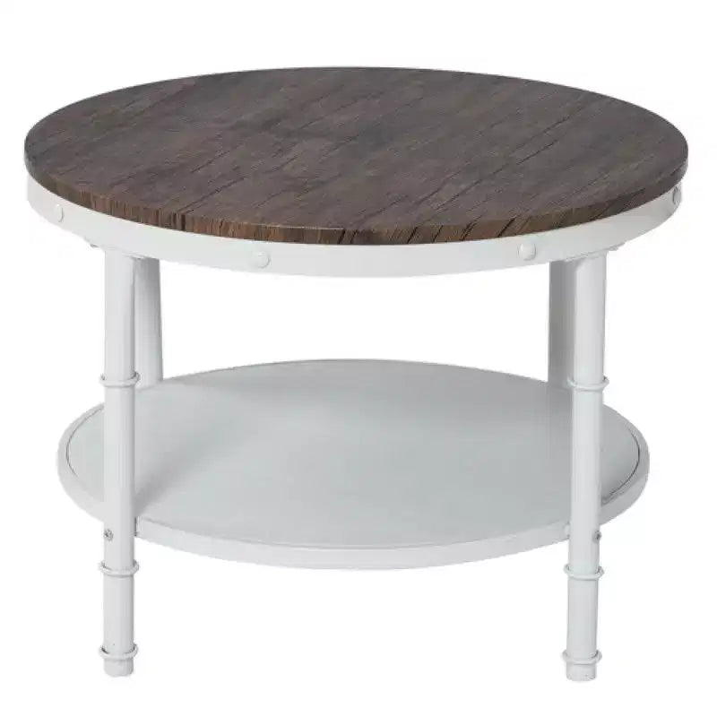 Table basse de style industriel, 25,2 po, à double plateau rond en MDF couleur noyer foncé veiné de noir, avec un cadre en fer forgé blanc froissé.
