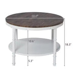 Table basse de style industriel, 25,2 po, à double plateau rond en MDF couleur noyer foncé veiné de noir, avec un cadre en fer forgé blanc froissé.