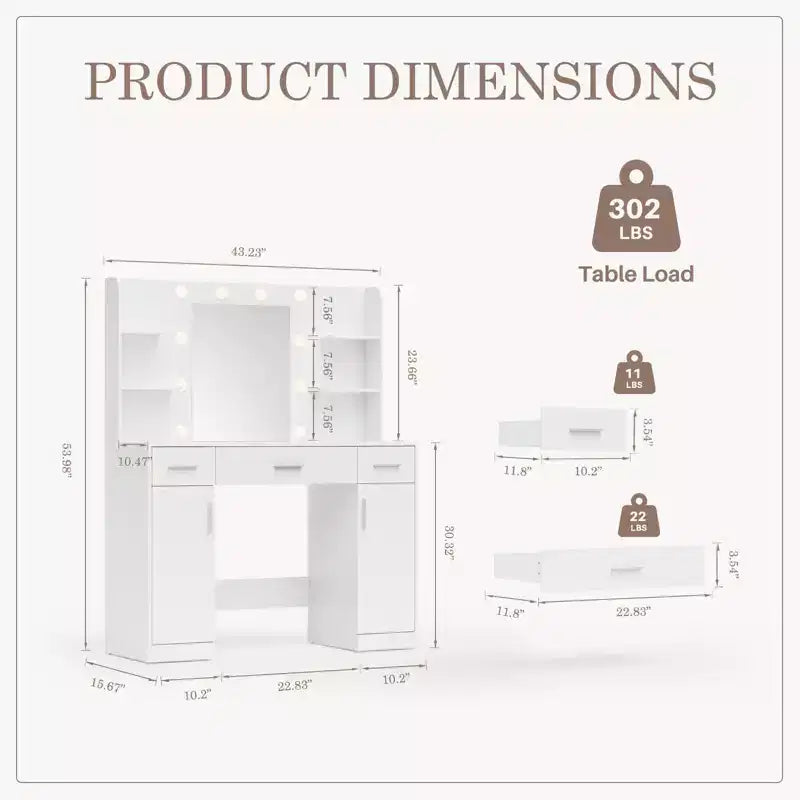 Coiffeuse minimaliste blanche Okak avec grand miroir et lumières LED, bureau de maquillage avec tiroirs et armoires, table de maquillage pour chambres à coucher