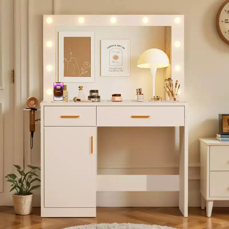 Coiffeuse minimaliste blanche Okak avec grand miroir et lumières LED, bureau de maquillage avec tiroirs et armoires, table de maquillage pour chambres à coucher